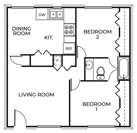 Floor plan for 2 beds, 1 bath, 854 sqft
